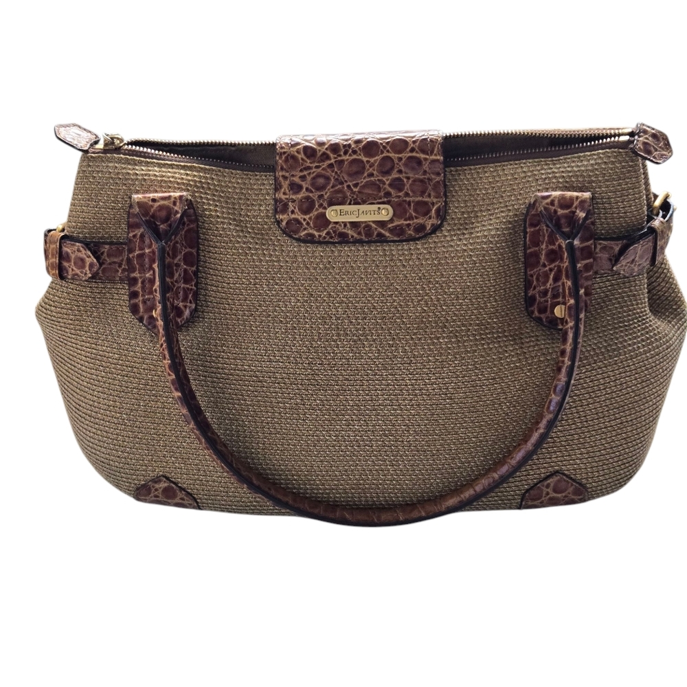 Eric Javits Woven Straw Croc Embossed Leather Trim Shoulder Bag Satchel - Picture 6 of 12
